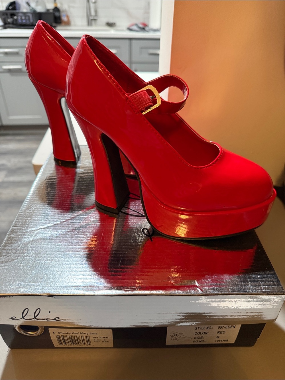 Ellie Red Patent Mary Jane Platform Pumps with Ankle Strap